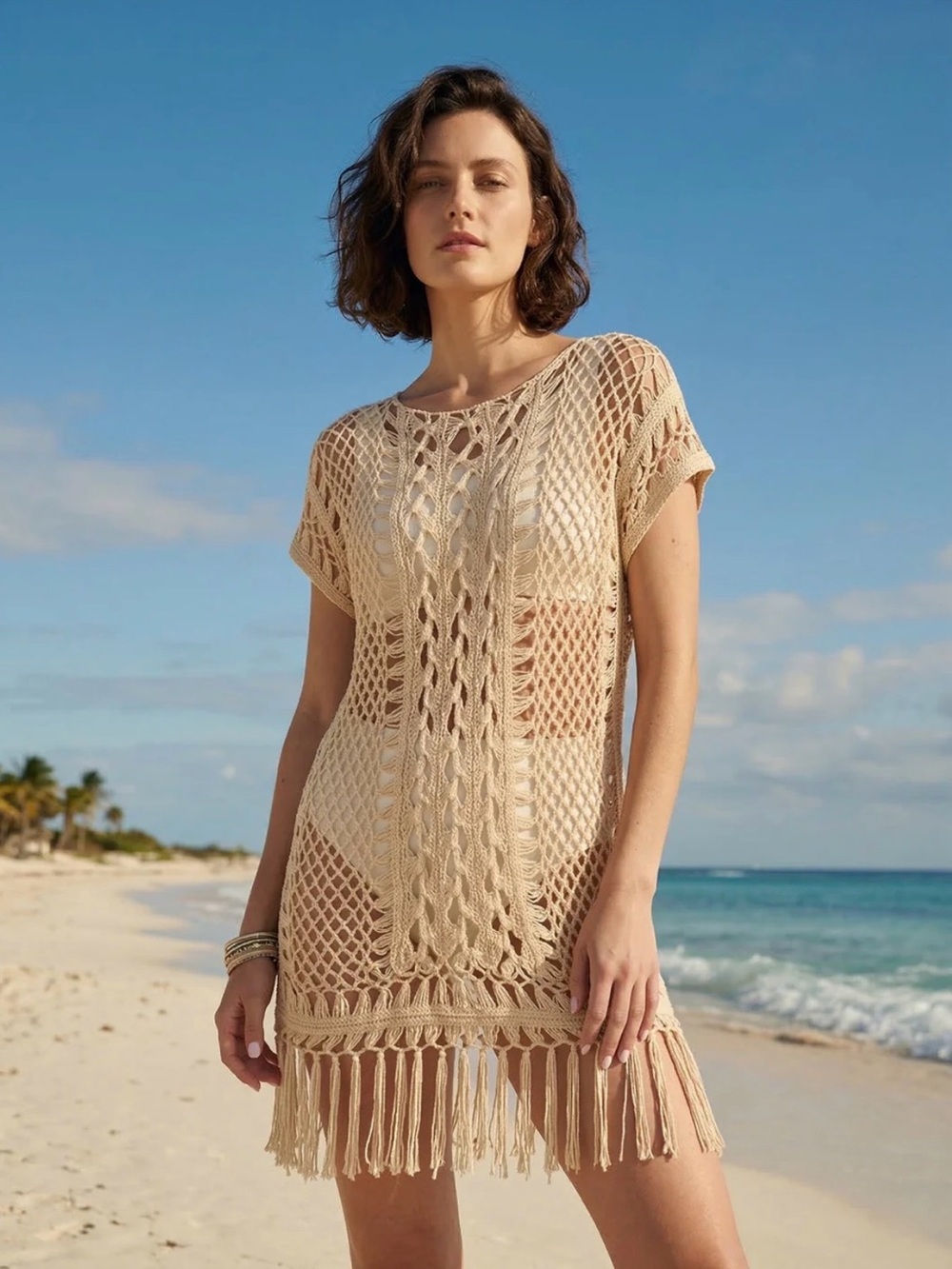 SAACHI Bohemian Crochet Fringe Tunic Swim Cover-Up Resort Luxe Beach Vacation